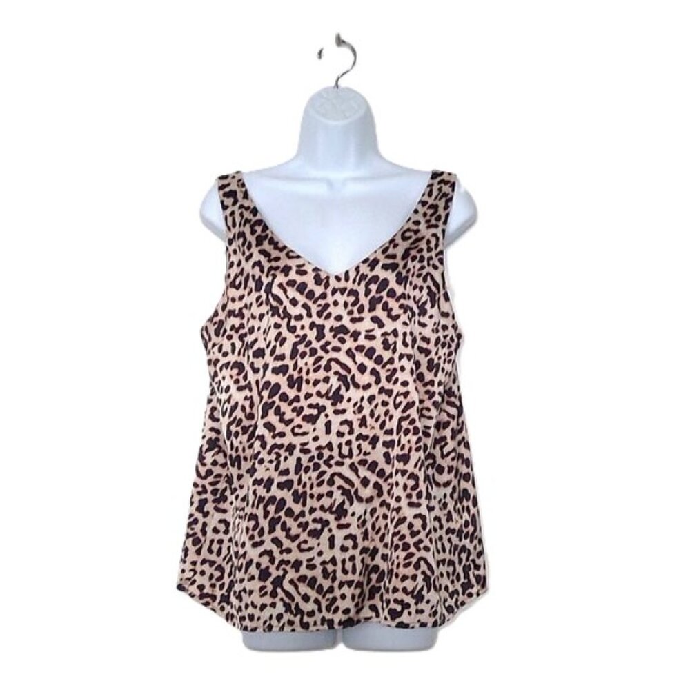 Ekouaer Top Sleeveless Cami Shell Cheetah Animal Print Double V Neck EUC Sz L